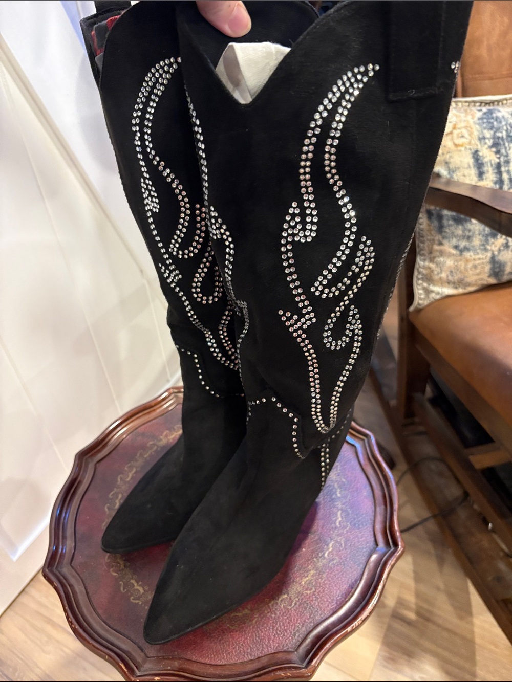 Black Rhinestone Suede Knee-High Western Boots - Women